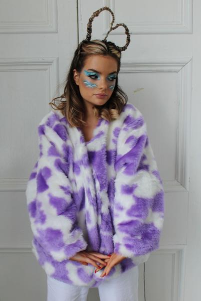 Lilac Cow Print Faux Fur Coat