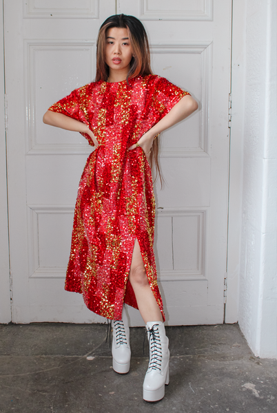 Red and Gold Carnival Sequin Midi Dress