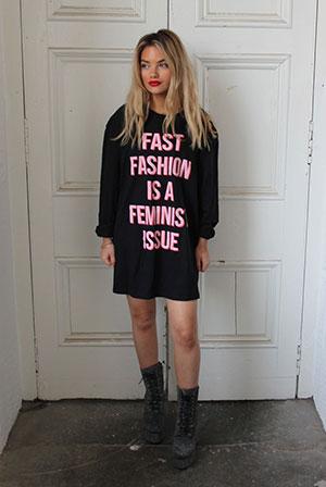 Model wearing Fast Fashion is a Feminist Issue by Fashion Revolution Tshirt